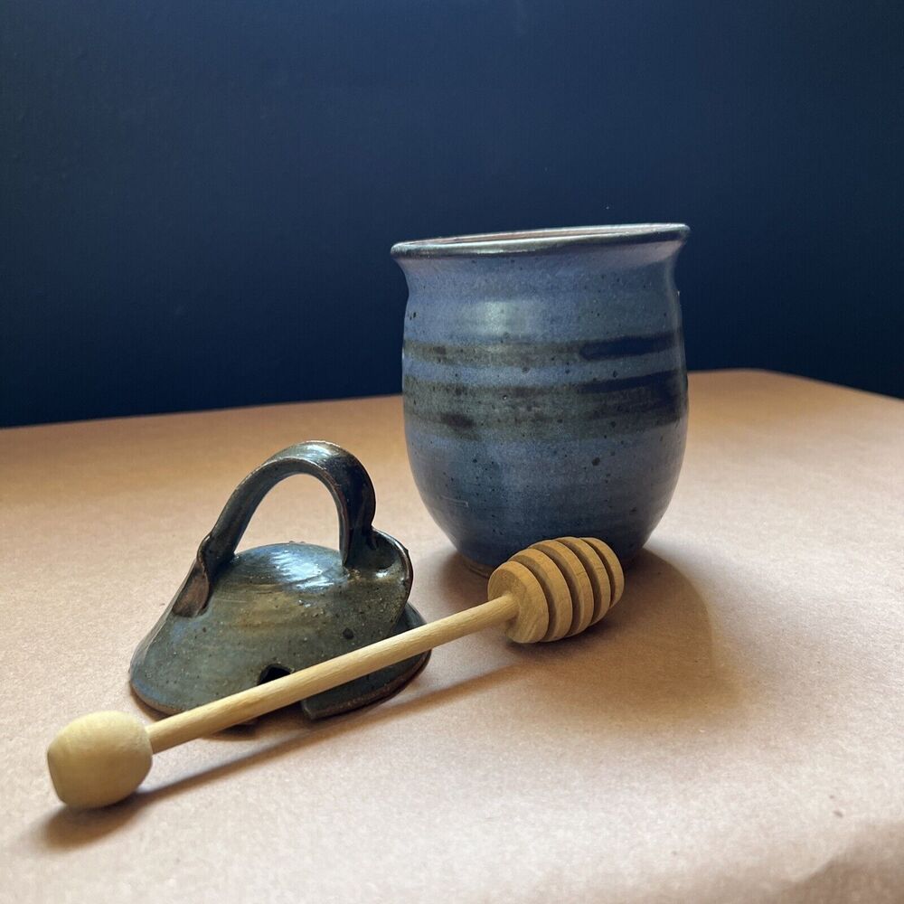 Handmade Signed Pottery Honey Pot With Stick Blue - Picture 7 of 9